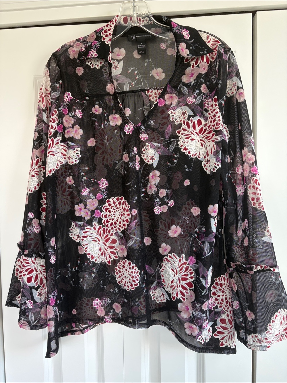 INC International Concepts Black Sheer Floral Blouse with Pink & White Blooms. M